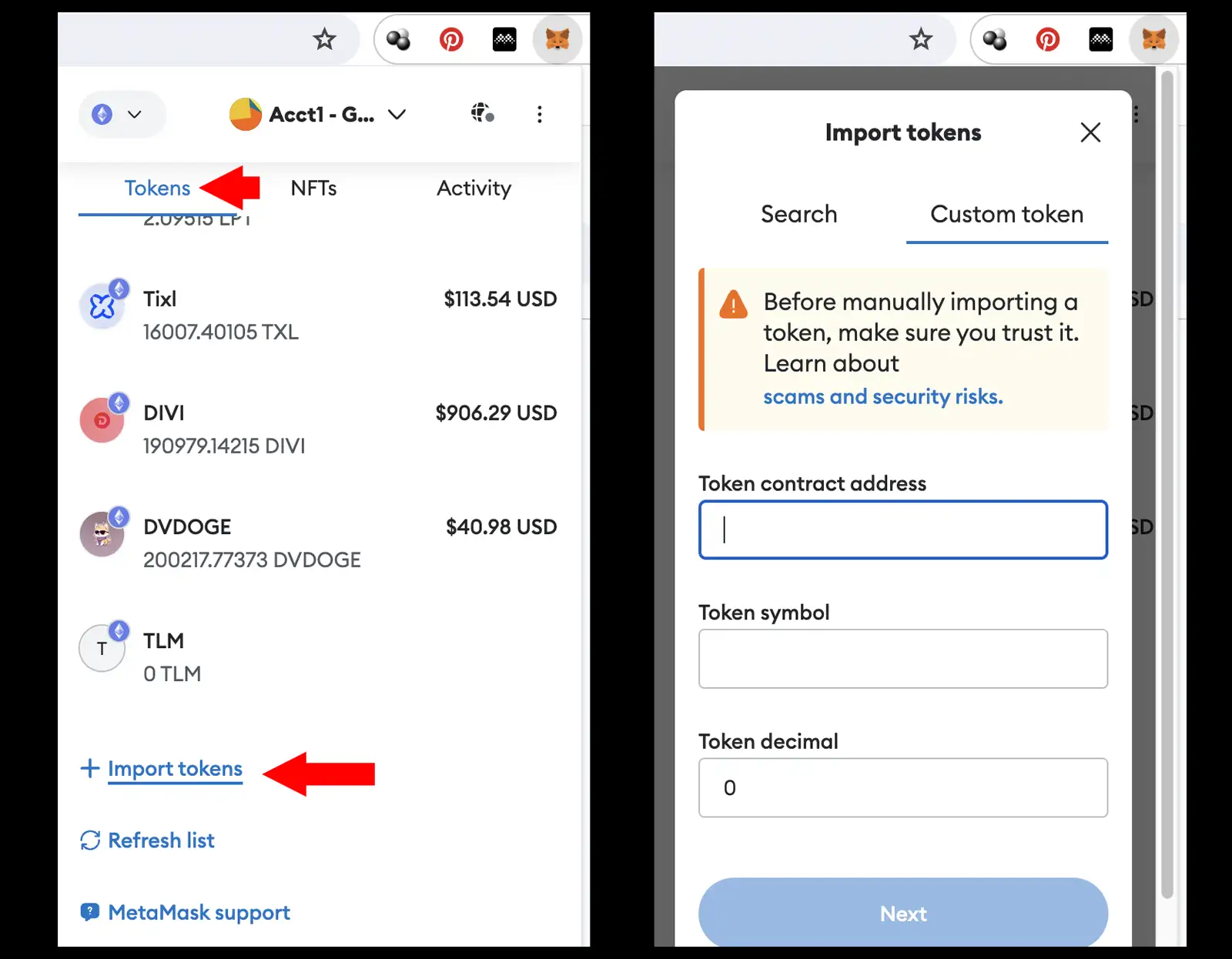 Diagram how how to add a custom token to Metamask