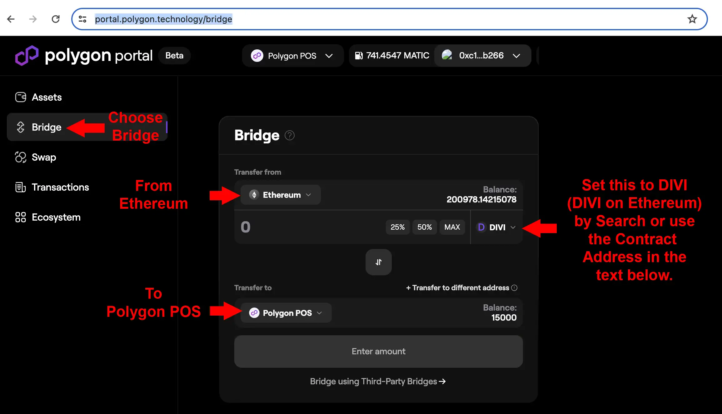 Image of how to use Polygon Portal's Bridge from Ethereum to Polygon network
